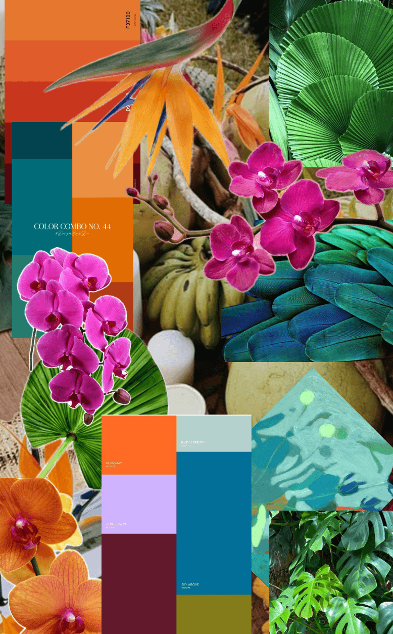 Wedding weekend color palette board with tropical greens, citrus orange, orchid, and ocean blues