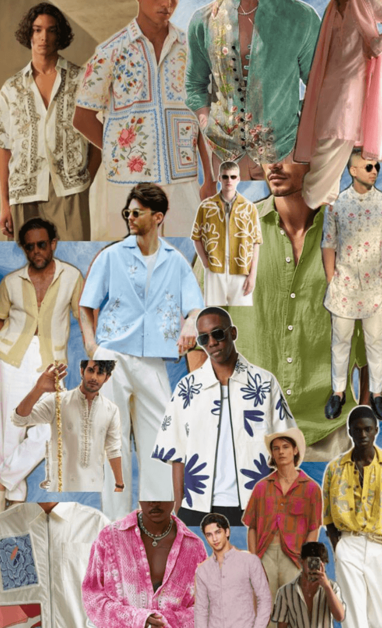 Men's attire inspiration board with embroidered shirts and lightweight tailoring