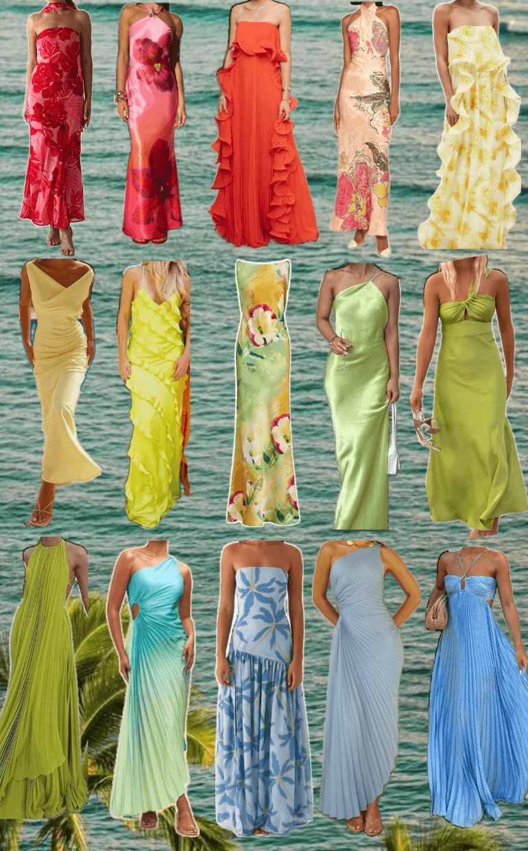 Women's attire inspiration board with colorful dresses for the wedding weekend