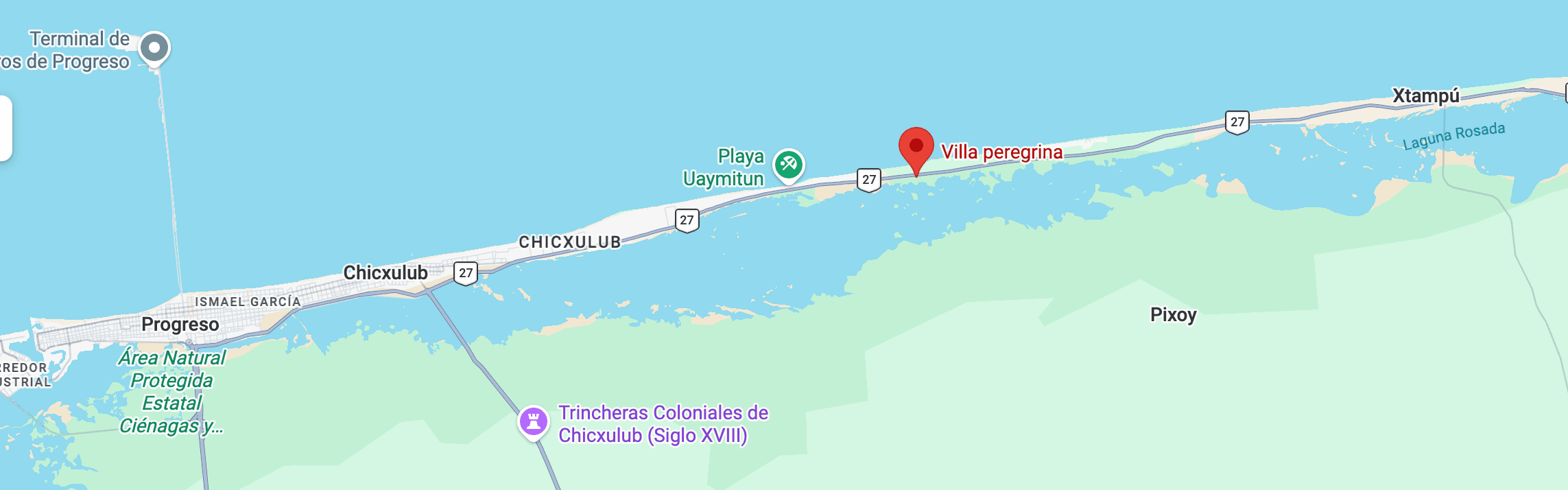 Zoomed-out map showing the coast from Progreso to San Bruno with Villa Peregrina marked