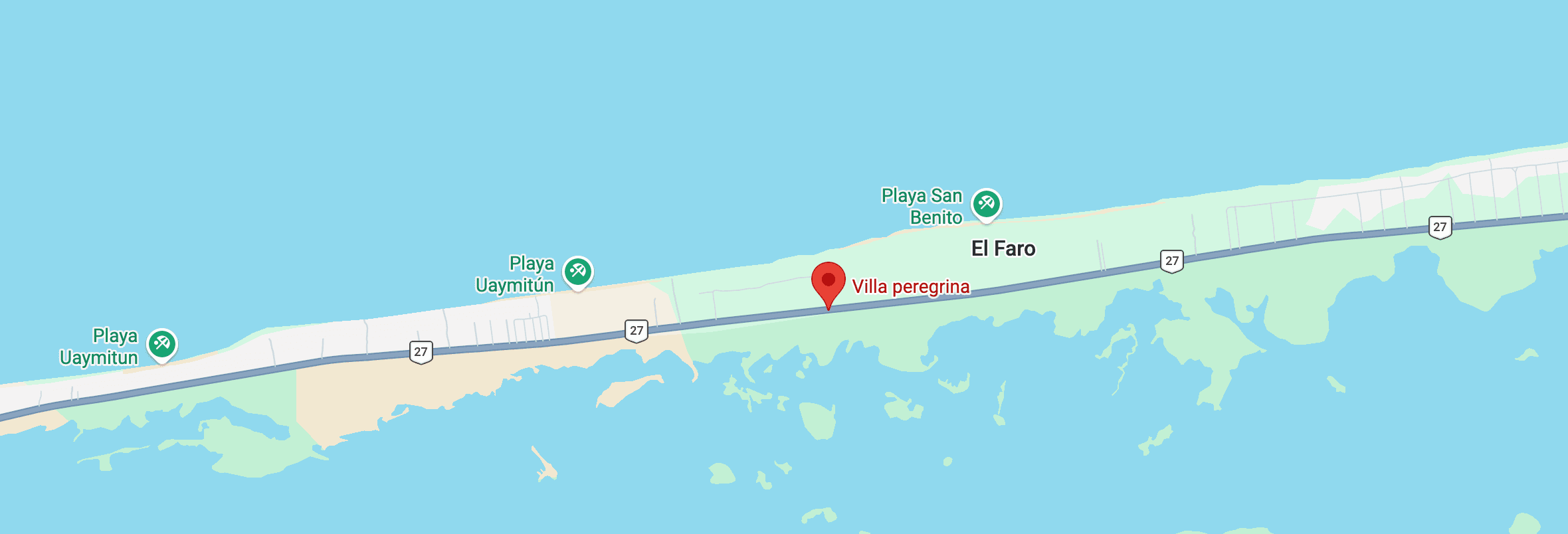 Zoomed-in map showing Villa Peregrina location near Playa Uaymitun and El Faro