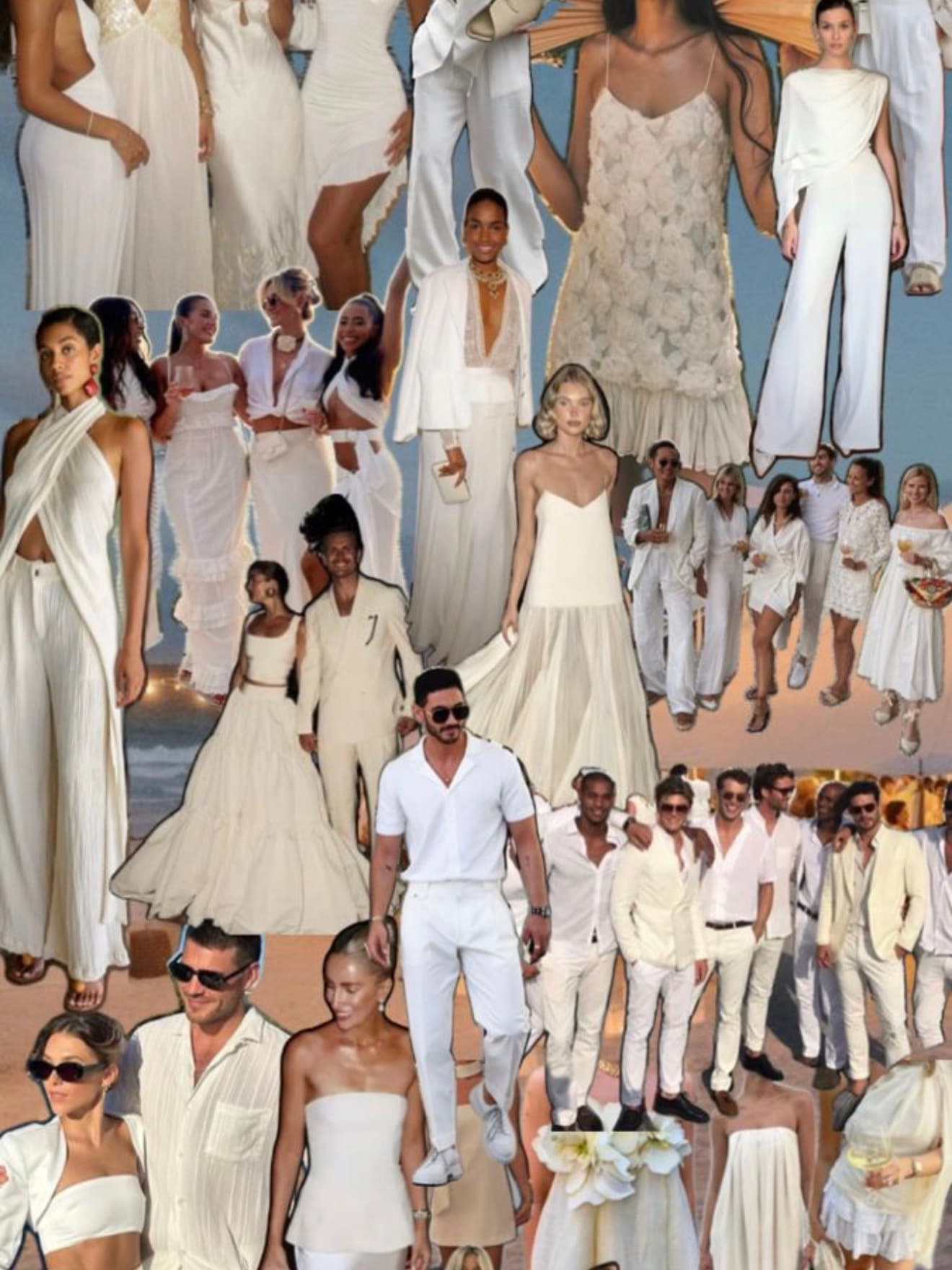 All-white attire inspiration board with elegant white and cream outfits for men and women